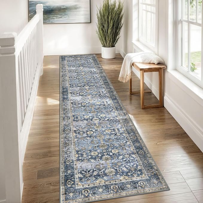 KUTA Vintage Washable Runner Rug, 2x8 Blue Grey Beige Runners - Image 3