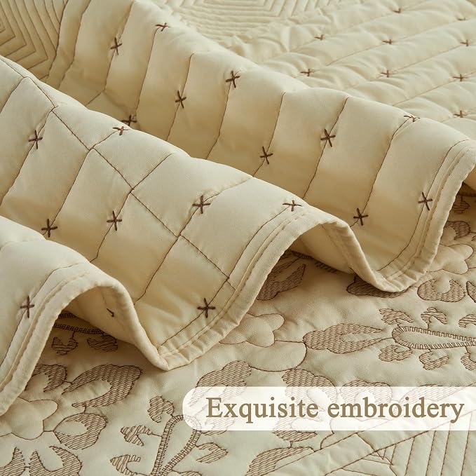 EVENHUG Floral Embroidered Quilt Set King Size 3 Piece Bedding Set Reversible - Image 8