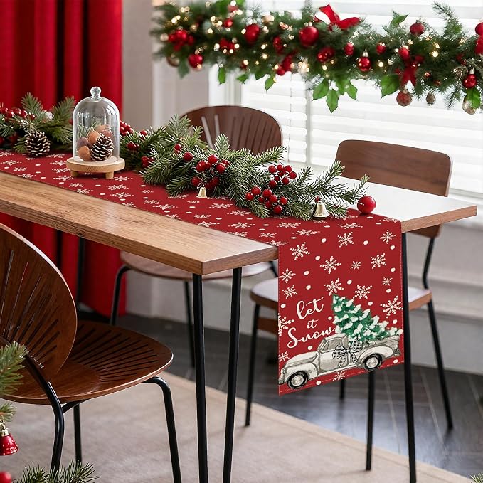 OTOSTAR Truck Christmas Tree Let It Snow Christmas Table Runner, Xmas Seasonal - Image 8