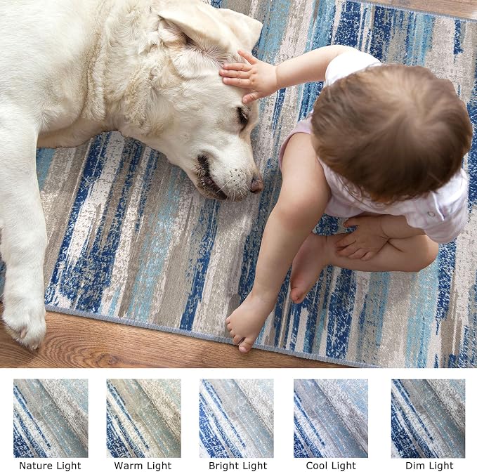 Modern Abstract Kitchen Rug Set of 2, 2x3 and 2x5 Blue Washable Rug Runner Non - Image 7