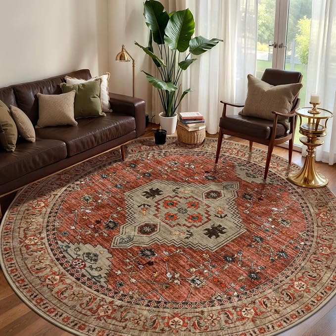 Tangsoo Round Rug 5ft, Washable Circle Rug, Vintage Non Slip Boho Round Area Rug by Tangsoo