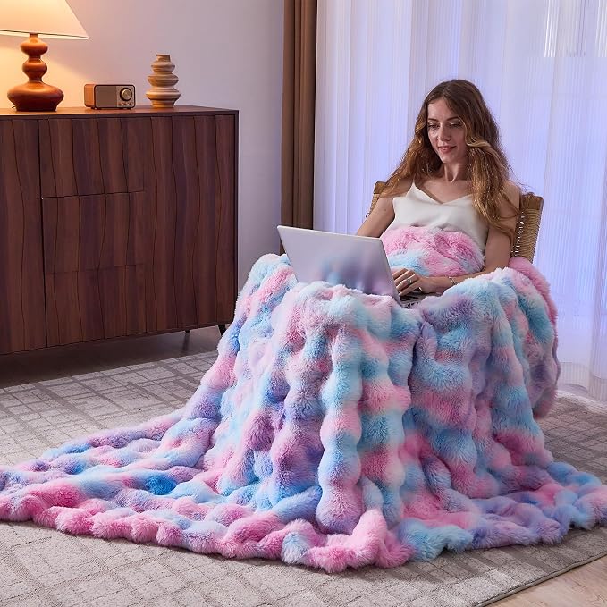 Lotus Karen Faux Fur Throw Blanket Tie-Dye Purple Rainbow - Image 6