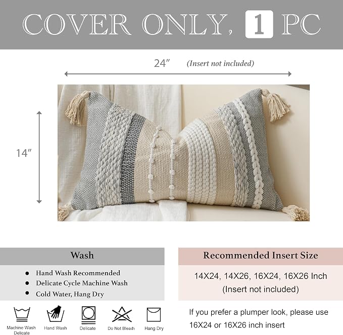 BlissBlush Decorative Lumbar Throw Pillow Cover 14x24 Boho Gray Accent Cushion - Image 4