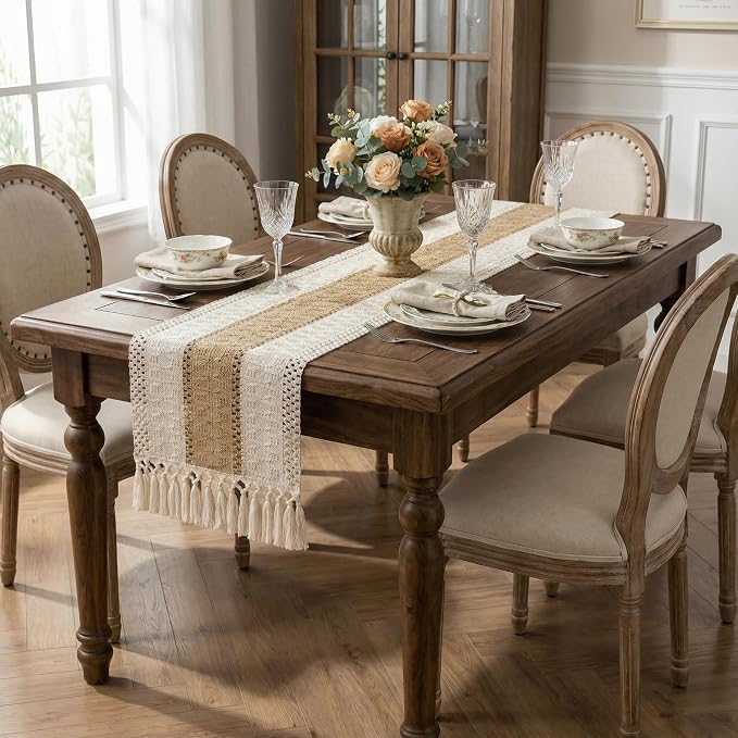 Boho Macrame Table Runner with Tassels Farmhouse Rustic Dining Woven Table - Image 3