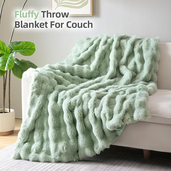 Smoofy Faux Fur Throw Blanket for Couch – Sage Fluffy Cozy Rabbit Fleece - Image 3