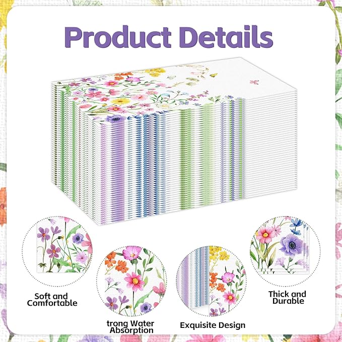 100 PCS Wildflower Paper Napkins, Disposable Flower Bathroom Guest Hand Towels - Image 3