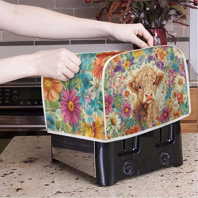 ZFRXIGN Flower Highland Cow Toaster Covers 4 Slice Toaster Dust Cover Hippie - Image 2