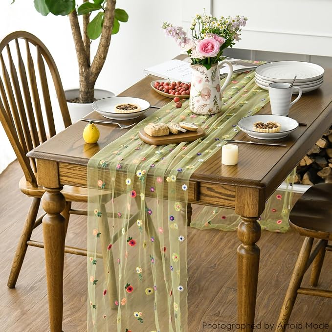 Artoid Mode Green Embroidery Daisy Spring Gauze Table Runner 59x120 Inch 10FT - Image 3