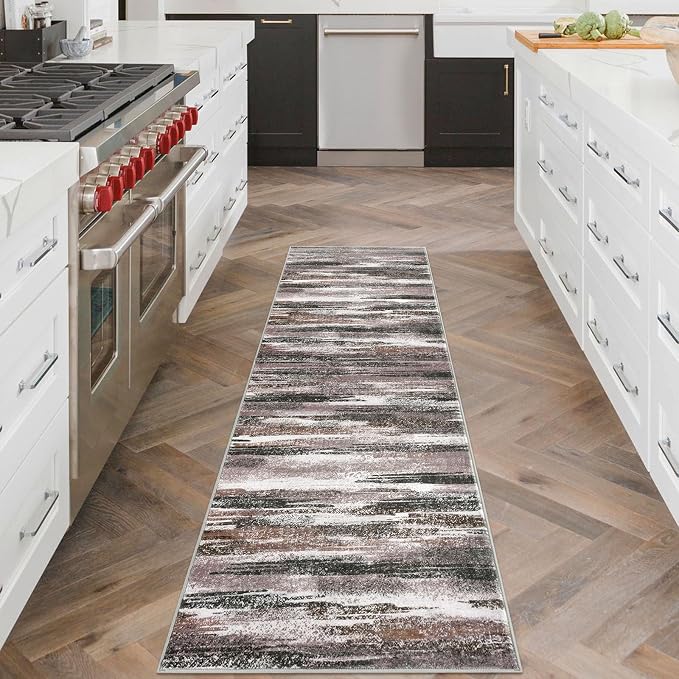 Modern Abstract Runner Rug 2x6, Dark Light Brown White Washable Kitchen Runner - Image 2