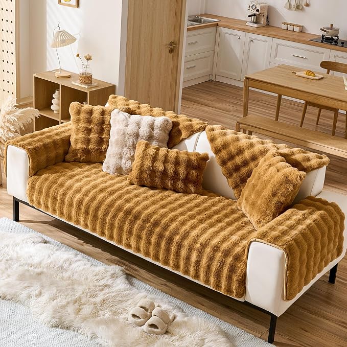 Faux Fur Armrest Cover Backrest Cover Fuzzy Plush Thick Bubble Sofa Cover - Image 5