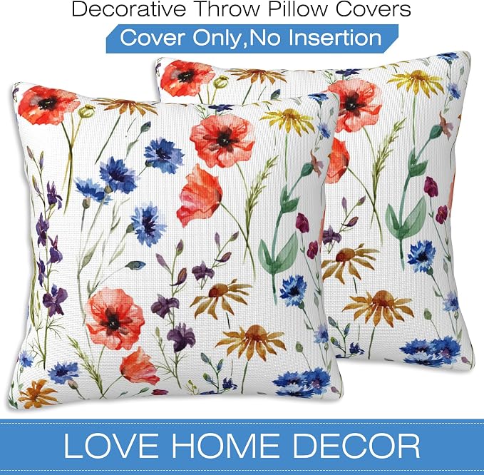 Wildflowers Throw Pillow Covers Set of 2 Watercolor Poppy Pillow Covers 18x18 - Image 3