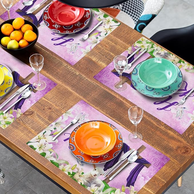 Giwawa He is Risen Placemats, Easter Cross Lamb Linen Washable Place Mat - Image 8