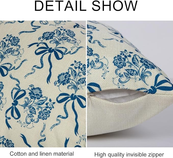Vintage Blue Flower Pillow Cover 18x 18 Set of 2, Chinoiserie Floral Bow - Image 3