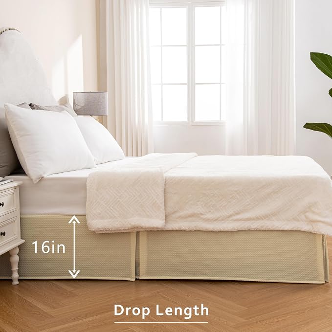 MIYE Pleated Waffle Weave Bed Skirt, Tailored Dust Ruffle 16 Inch Drop Easy Fit - Image 5