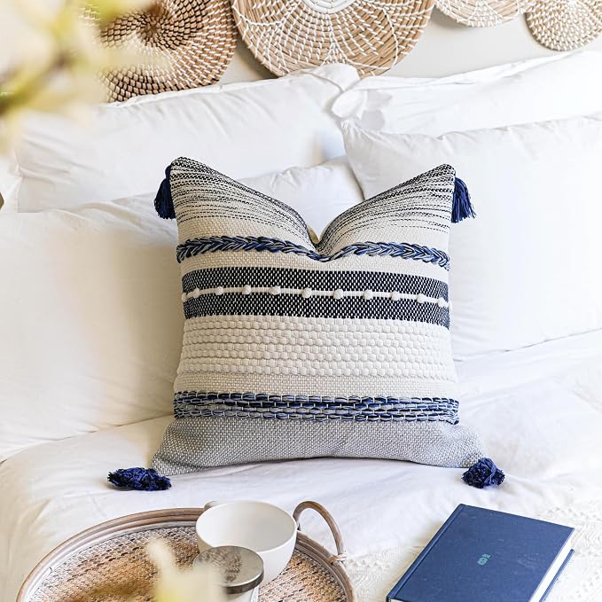 BlissBlush Navy Dark Blue Boho Throw Pillow Cover 22x22 Grey Decorative Accent - Image 8