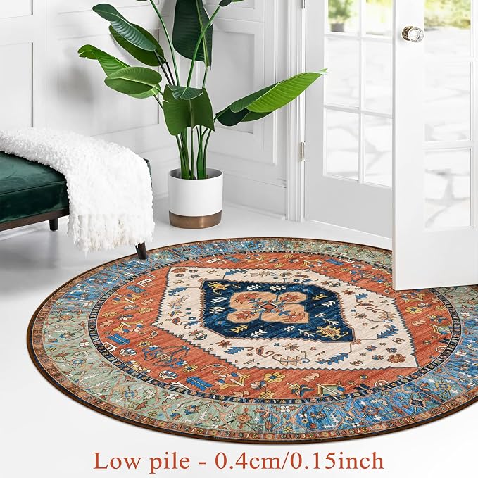 Lahome Boho Washable 5Ft Round Area Rug, Non-Slip Throw Untra-Thin Round Carpet - Image 3