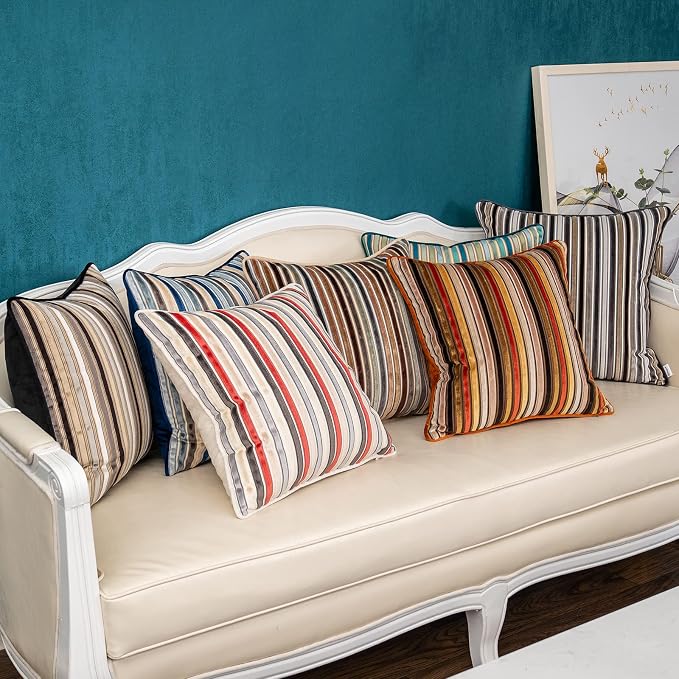 Yangest Beige Striped Throw Pillow Cover Multicolor Velvet Cushion Cover - Image 7