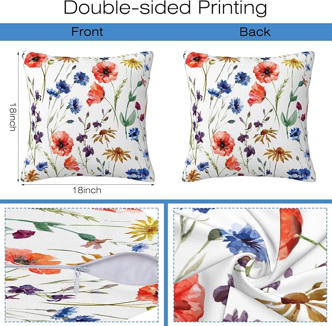 Wildflowers Throw Pillow Covers Set of 2 Watercolor Poppy Pillow Covers 18x18 - Image 2
