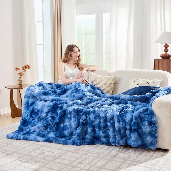 Lotus Karen Faux Fur Throw Blanket Tie-Dye Blue-Big Bubble Rabbit Fluff Blanket - Image 3