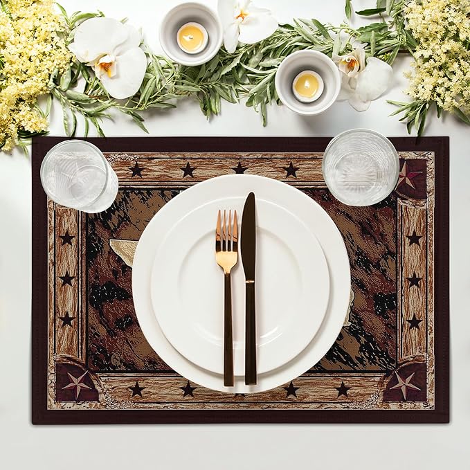 Giwawa Texas Stars Placemats Set of 4, Rustic Western Style Brown Wood Linen - Image 3