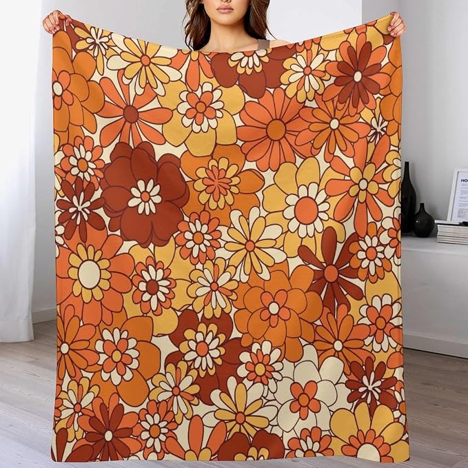 Vintage 70s Throw Blanket, Boho Hippie Bright Orange Flowers Groovy Abstract - Image 8