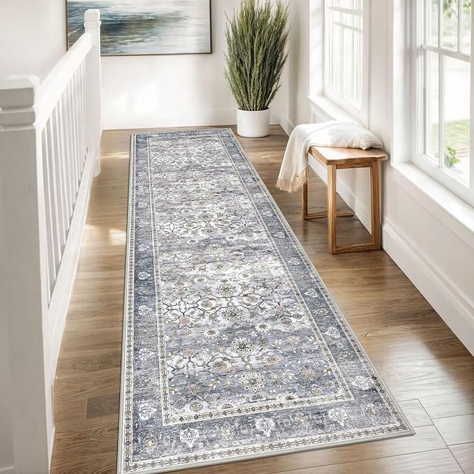 KUTA Vintage Washable Runner Rug, 2.6x8 Grey Blue Runners - Image 3