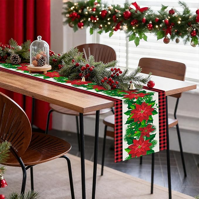 OTOSTAR Black and Red Buffalo Check Plaid Holly Christmas Flowers Table Runner - Image 8