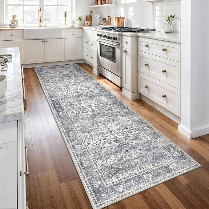 KUTA Vintage Washable Runner Rug, 2.6x10 Grey Blue Runners - Image 2