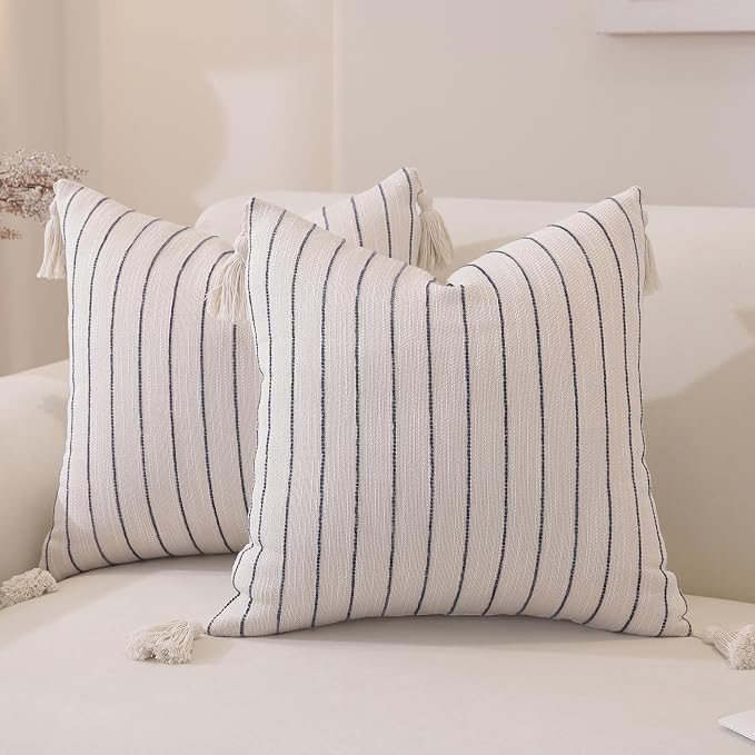 Decorative Boho Throw Pillow Cover 18x18 Inch Set of 2, Textured Linen Striped by QDTTSRY