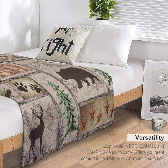 Rustic Cabin Bear Blanket, Lake Country Lodge Bear Deer Forest Farmhouse Camp - Image 5