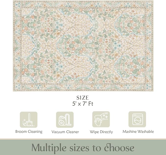 MUJOO Floral 5x7 Area Rugs, Washable Rug - Image 2