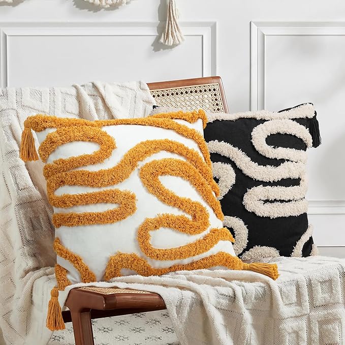 Adabana Yellow and White Pillow Covers Decorative Tufted Abstract Throw Pillows - Image 4