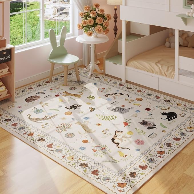 Rugcomf Area Rug 4x6 Rug Washable Boho Rugs Non Slip Low Pile Floral Animal Cat - Image 4