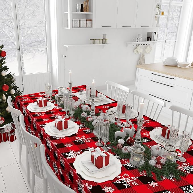 3 Pieces Red and Black Buffalo Plaid Merry Christmas Party Tablecloth - Image 7