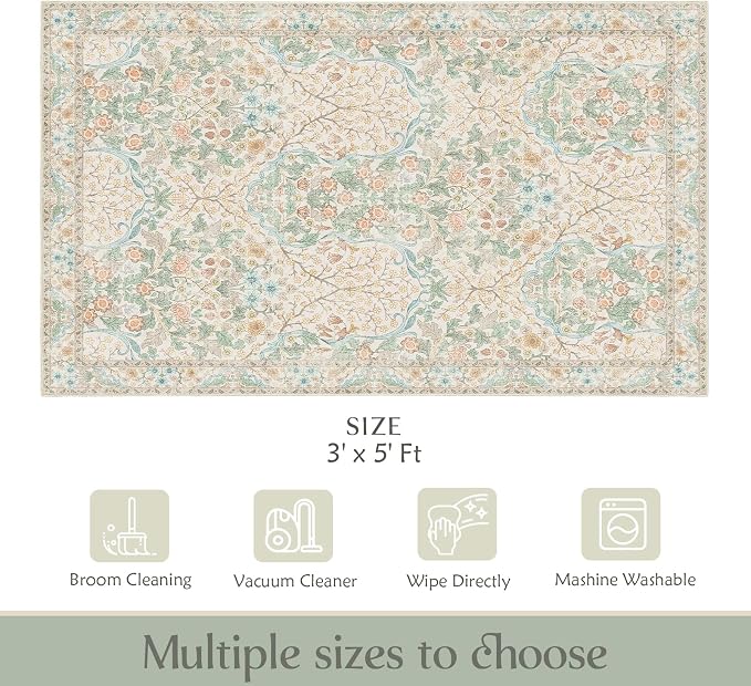 MUJOO 3x5 Rug Washable, Floral Area Rug - Image 2