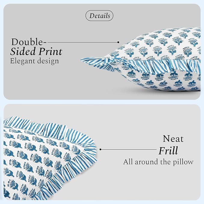 CPC Apatite Blue 100% Cotton Block Print Ruffle Sham Cover 20X36 inch Pack of 2 - Image 3