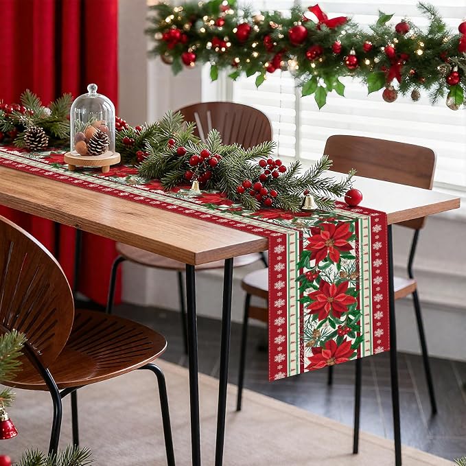 OTOSTAR Snow Holly Pinecone Christmas Red Flower Table Runner, Xmas Seasonal - Image 7
