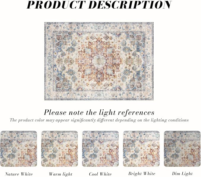 Area Rug 5×7, Vintage Boho Rug, Ultra-Soft Low Pile, Non Slip, Stain Resistant - Image 3