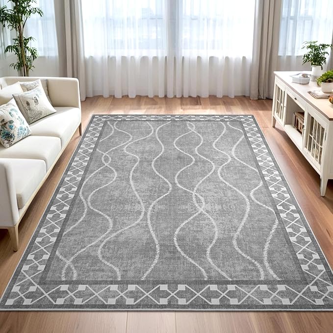 5x7 Light Grey Area Rugs for Living Room, Machine Washable Non-Slip Backing Low by Woottpe
