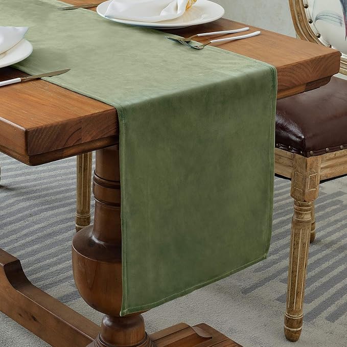 BALCONY & FALCON Velvet Table Runner 14"x95" Olive Luxury Machine Washable by BALCONYFALCON