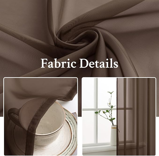 MIULEE Chocolate Brown Sheer Curtains 63 Inches Long 2 Panels, Light Filtering - Image 3