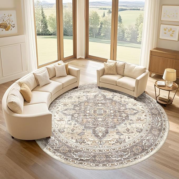 Round Rug Living Room Rugs: 8Ft Washable Boho Neutral Large Circle Soft Indoor by LOONGRUG