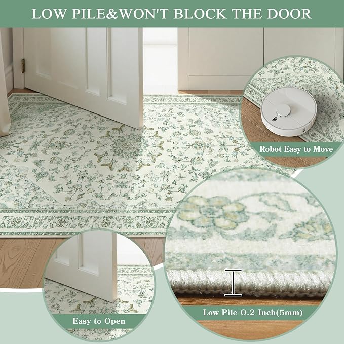 Moynesa Green 2.5x8 Hallway Runner Rugs, Vintage Floral Print Washable Runner - Image 4