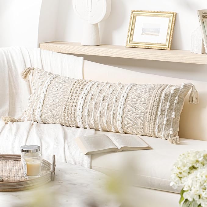 BlissBlush Cream Decorative Lumbar Throw Pillow Cover 14x36 Boho Long Cushion - Image 6