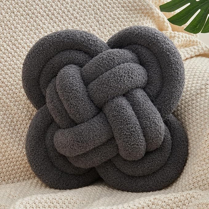 Xiashrk Knot Pillow Ball, Dark Gray Knotted Plush Throw Pillow Handmade Square by Xiashrk