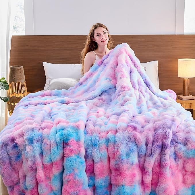 Lotus Karen Faux Fur Throw Blanket Tie-Dye Purple Rainbow - Image 4