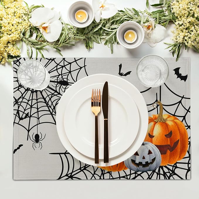 Giwawa Halloween Placemats, Colorful Spooky Pumpkins Spider Web Bats Linen - Image 3