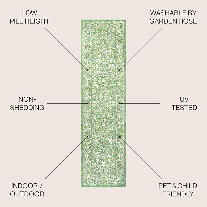 JONATHAN Y Weave Floral Indoor Outdoor Runner Rug 2X8 Cream/Green, Tela - Image 2