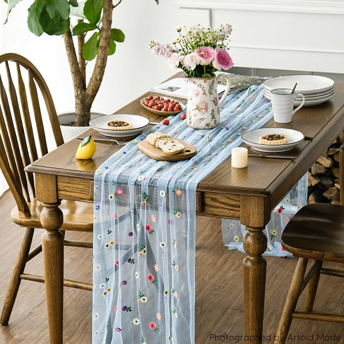 Artoid Mode Blue Embroidery Daisy Gauze Table Runner 120 Inch 10FT, Seasonal - Image 5