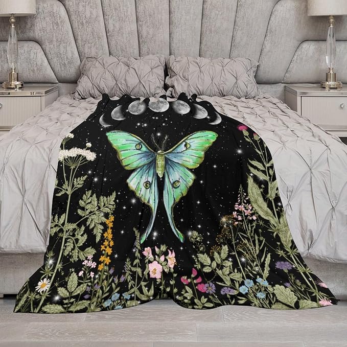 Moth Floral Flannel Blanket, Gothic Witchy Moon Phase Botanical Vintage - Image 7